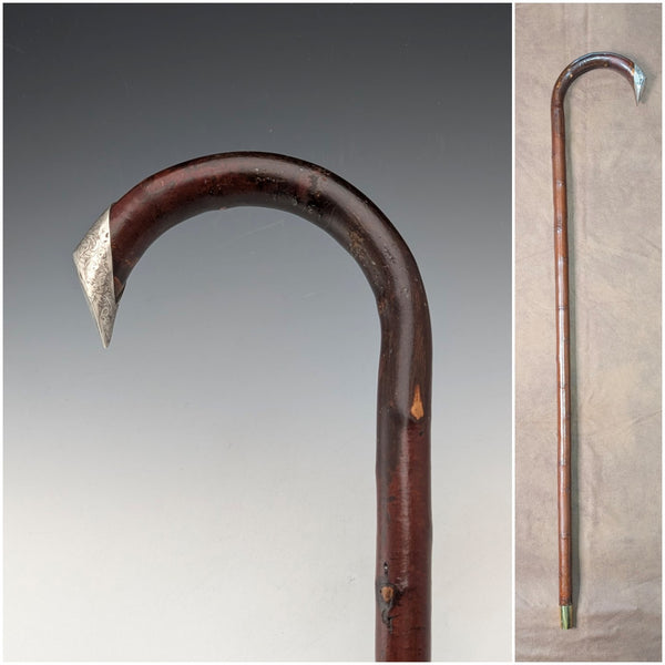 1899 British antique brown shaft, curved handle, pure silver decoration, walking stick, 85cm